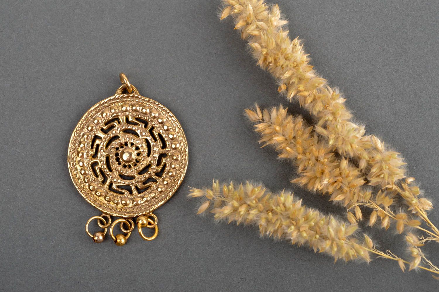 Handmade round pendant unusual brass pendant stylish designer accessory photo 1