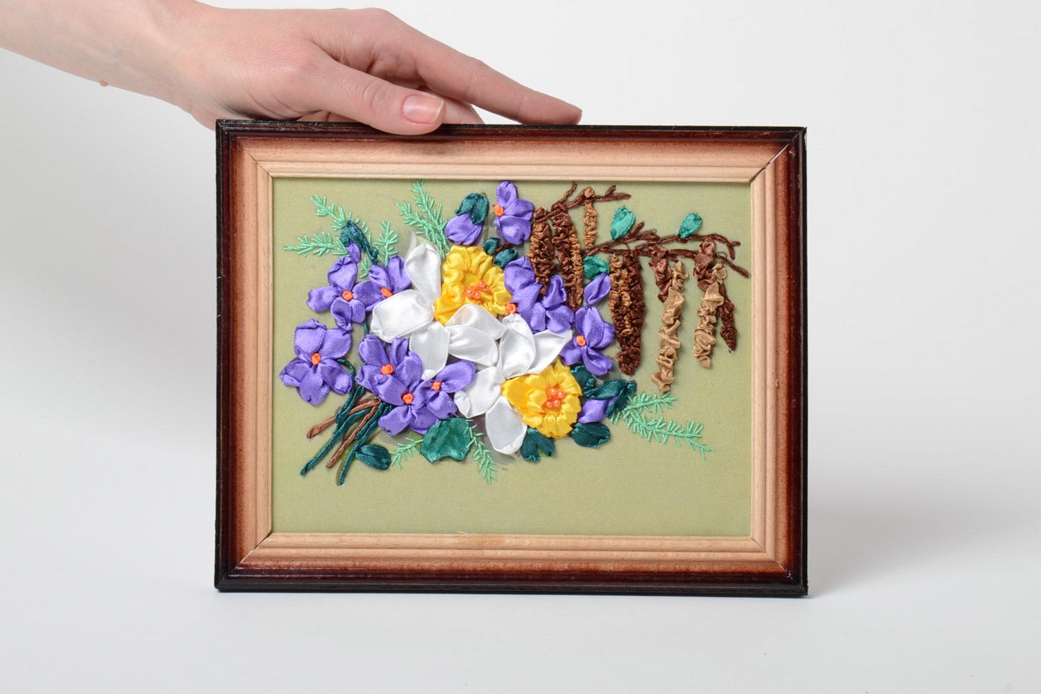 Handmade beautiful picture with ribbon embroidery in a wooden frame with flowers photo 5