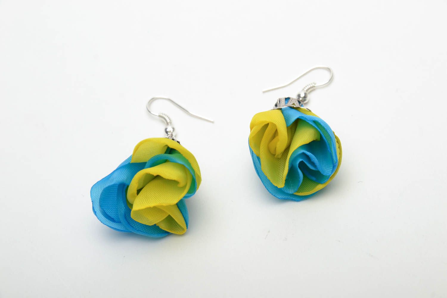Satin ribbon earrings Yellow and Blue Flowers photo 3