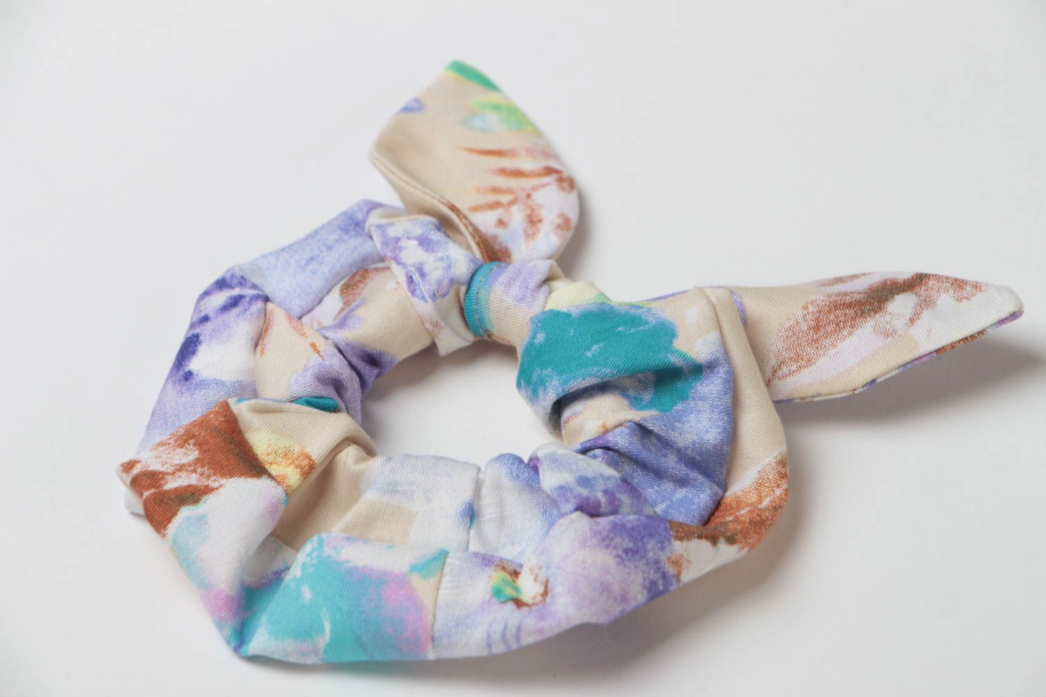 Decorative handmade cotton fabric elastic hair band in pastel colors with bow photo 3