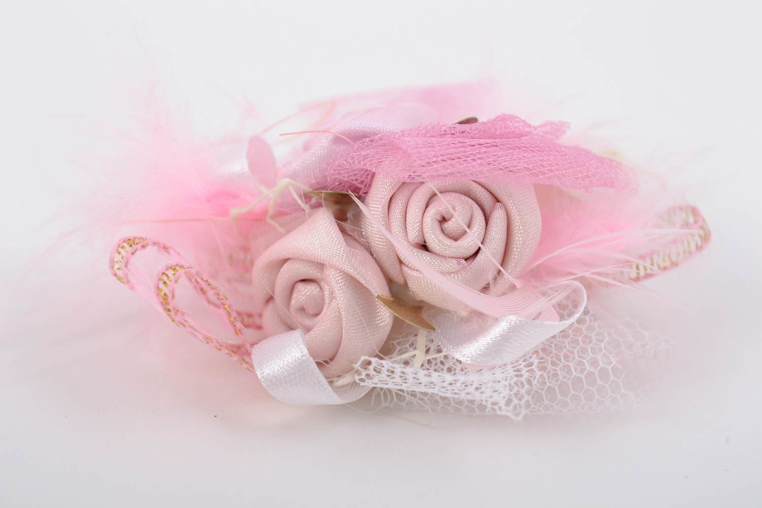 Fleur pour barrette à cheveux rose avec rubans faite main originale jolie photo 3