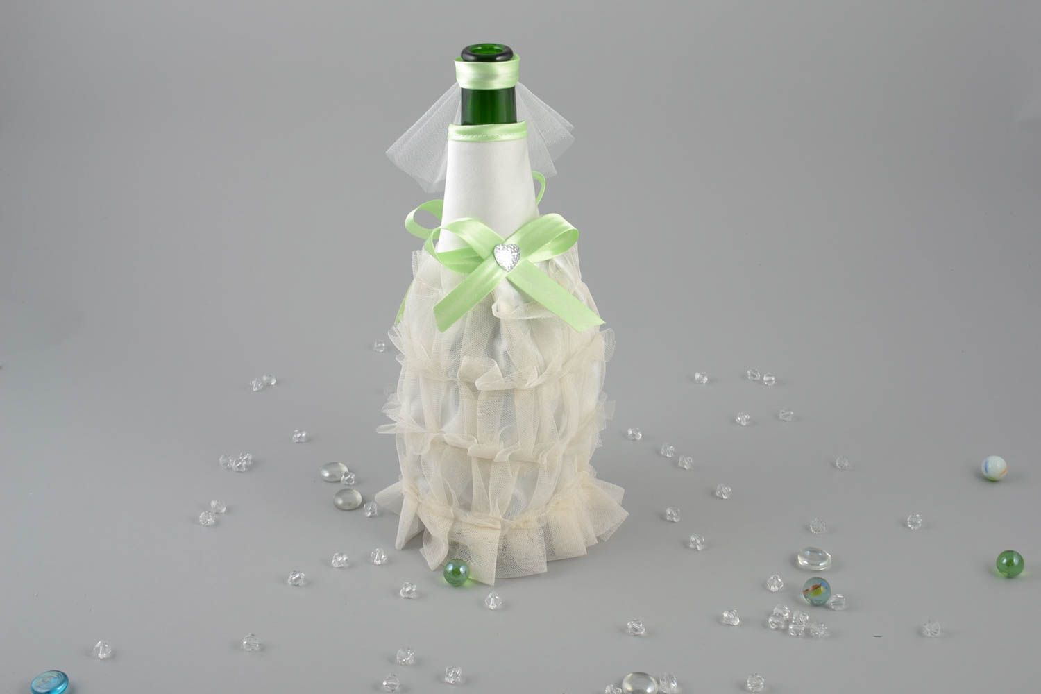 Handmade wedding cover for champagne bottle sewn of satin white and green photo 1