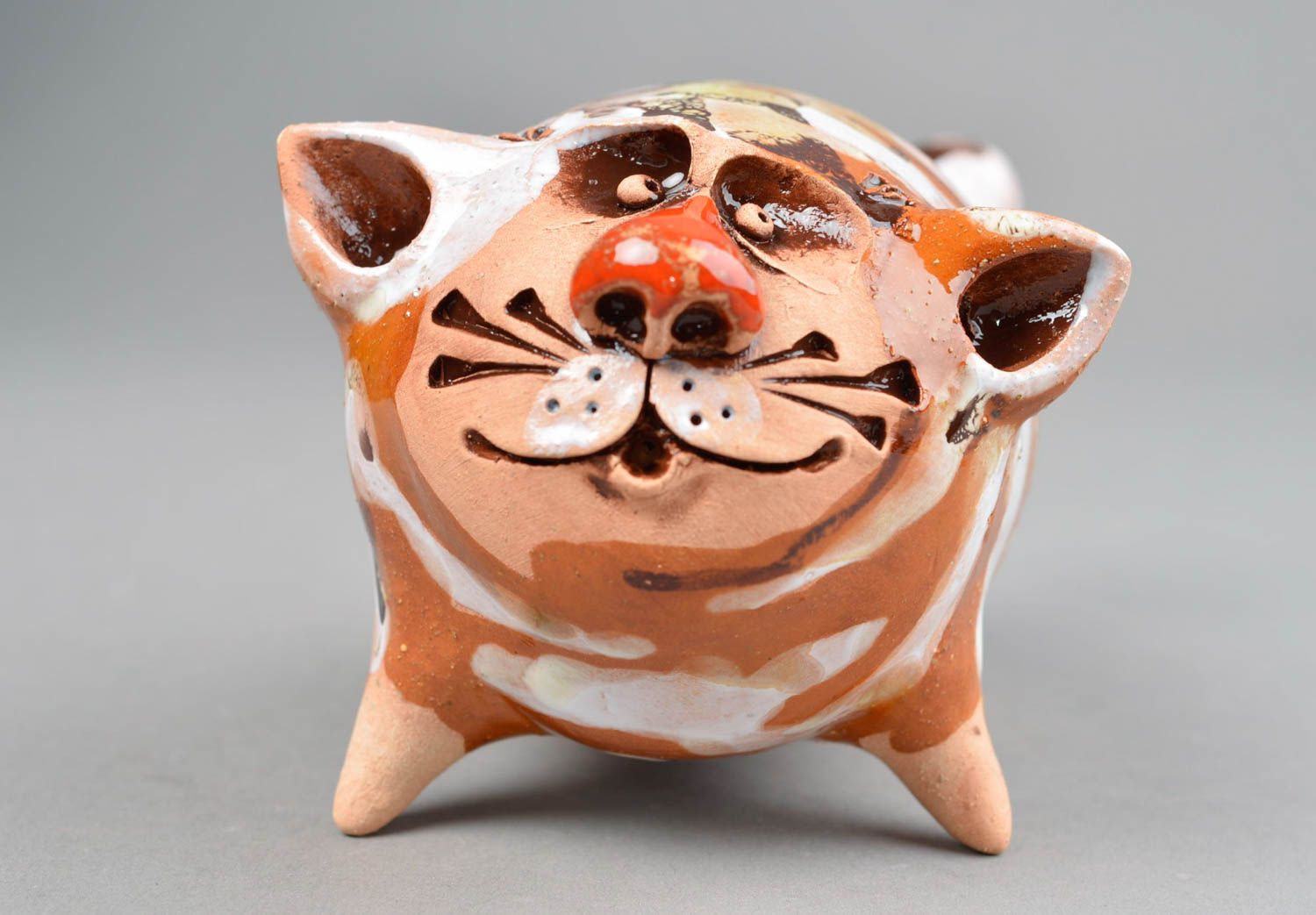 Figurine céramique peinte de glaçure colorée faite main Gros chat rayé photo 3