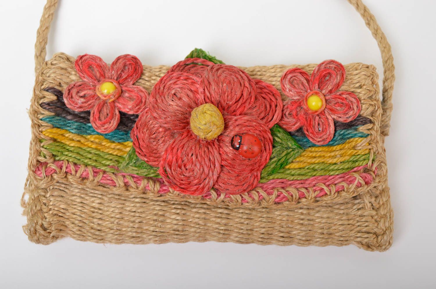 Сумка ручной работы сумочка плетеная из шпагата женская сумка с цветами фото 3