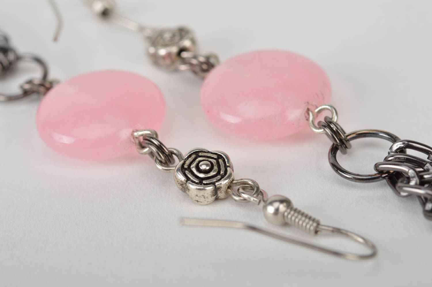 Beautiful homemade designer long metal earrings with pink beads photo 4