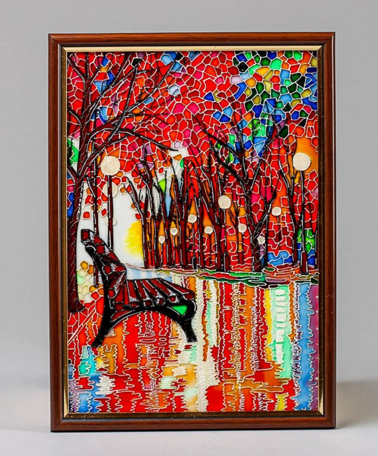 Stained glass picture in wooden frame Autumn park photo 3