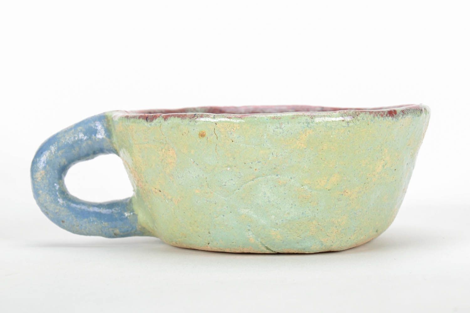 Clay glazed Mexican cup in light-green and brown color with handle 0,86 lb photo 2