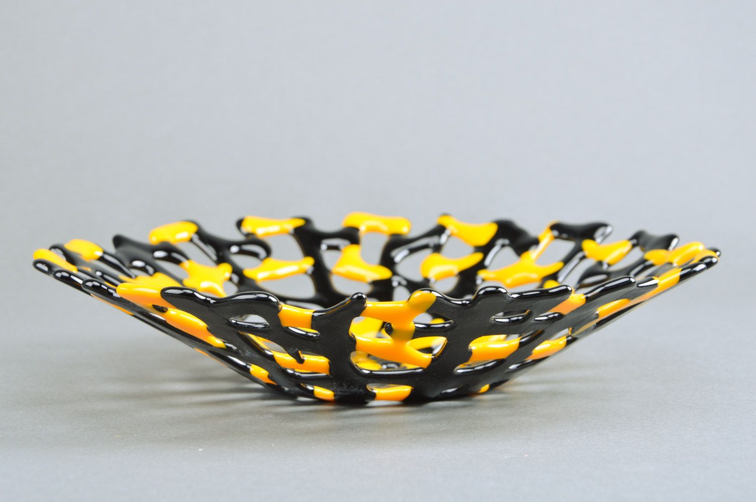 Large decorative handmade fused glass fruit bowl of yellow and black colors  photo 5