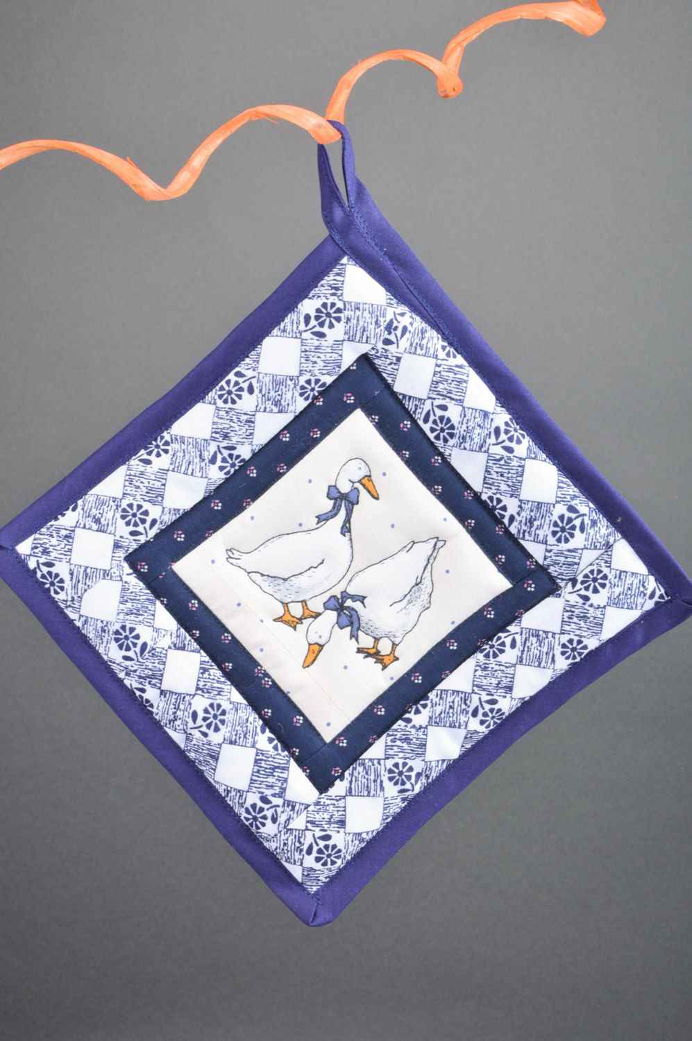 Cute handmade kitchen hot pot holder sewn of cotton and filler with eyelet Geese photo 3