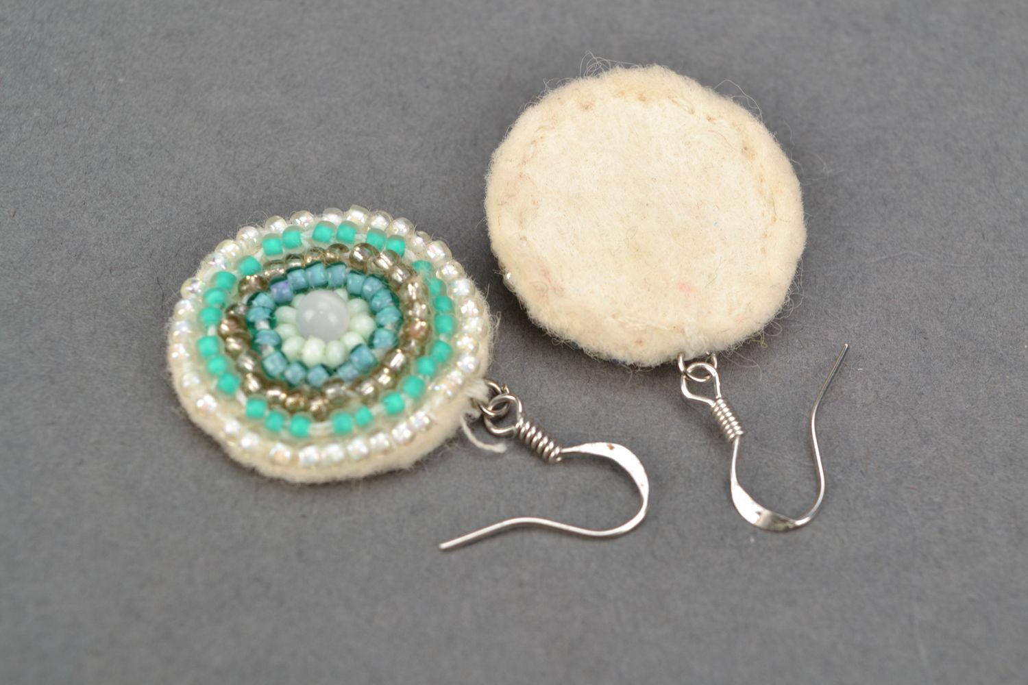 Round embroidered beaded earrings with cat's eye stone photo 4