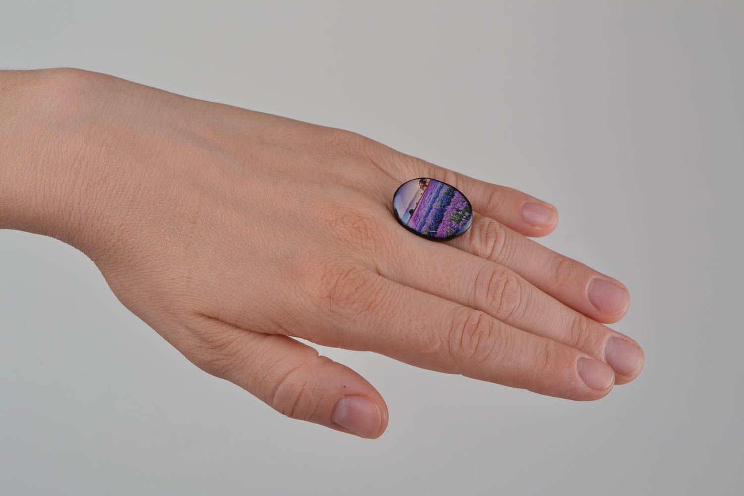 Handmade women's polymer clay decoupage oval ring on metal basis Lavender photo 2