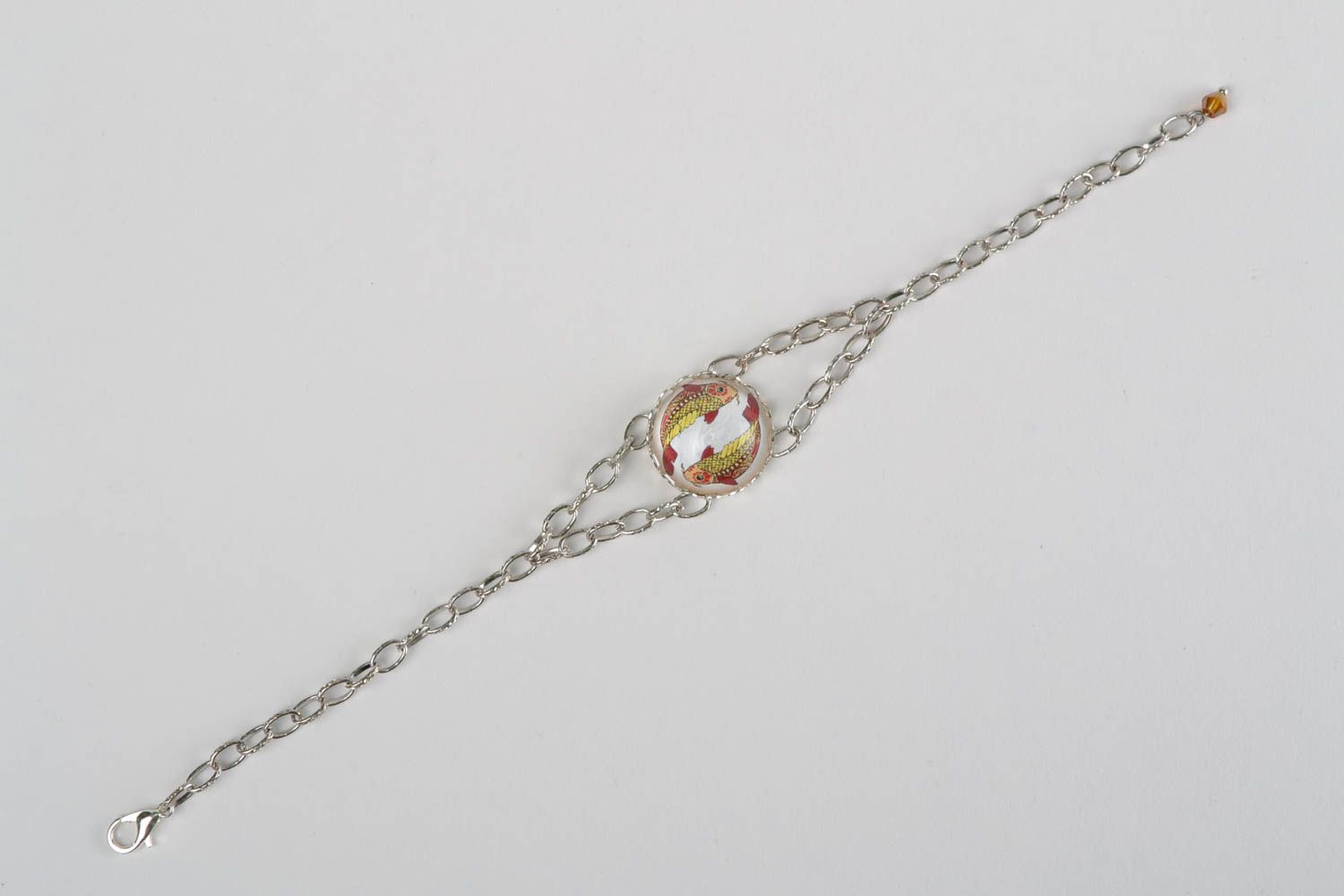 Bracelet chaîne métallique avec verre fait main original réglable Poissons photo 2