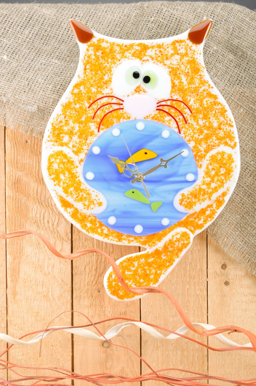 Funny handmade fused glass wall clock in the shape of fat cat for child's room photo 1