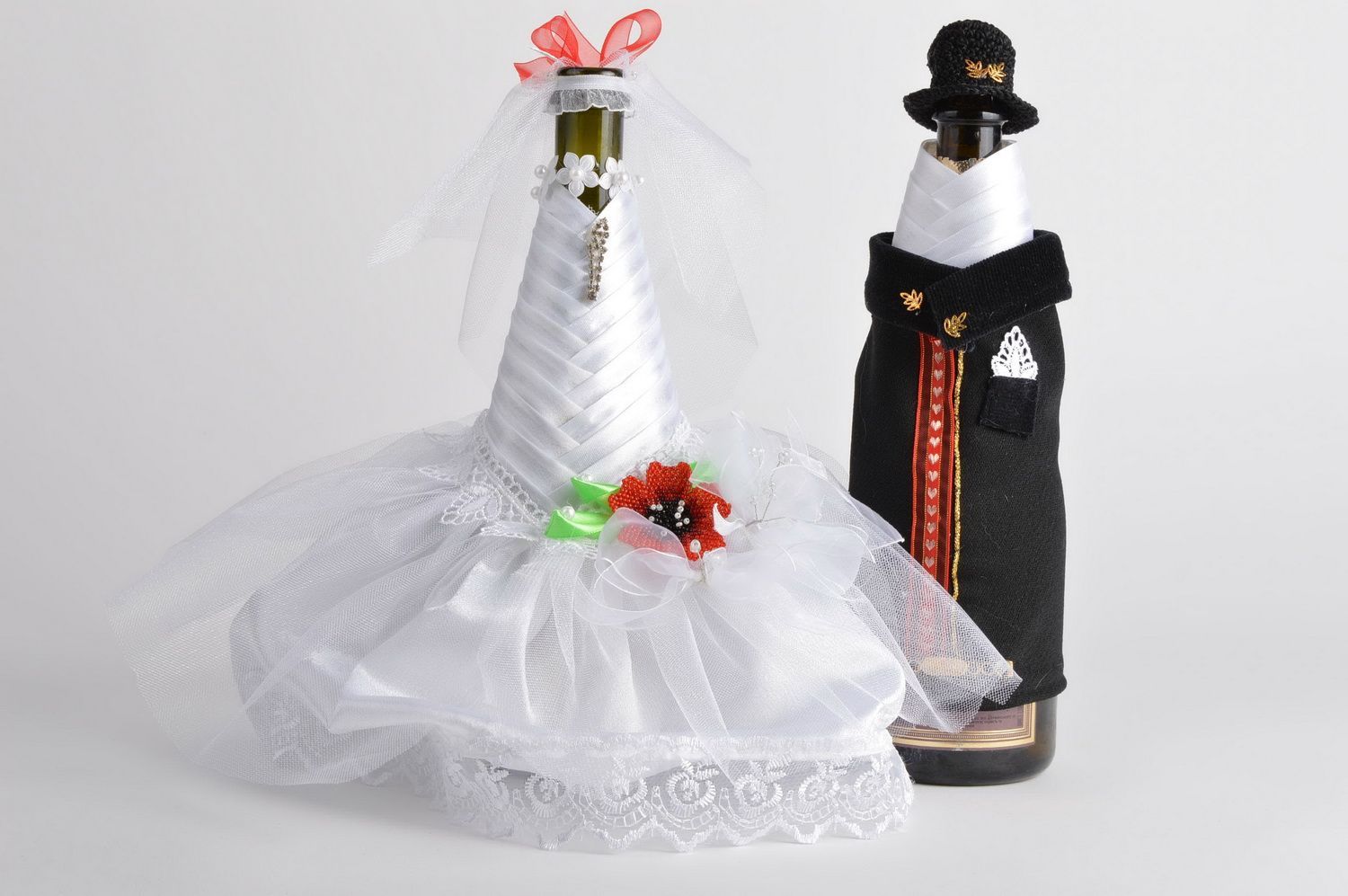 Set of 2 handmade festive designer champagne bottle covers Groom and Bride photo 5