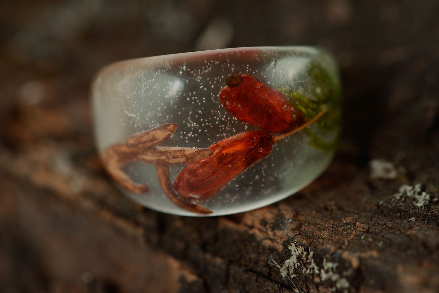 Anillo hecho a mano de resina epoxi con planta natural de berberis transparente foto 3