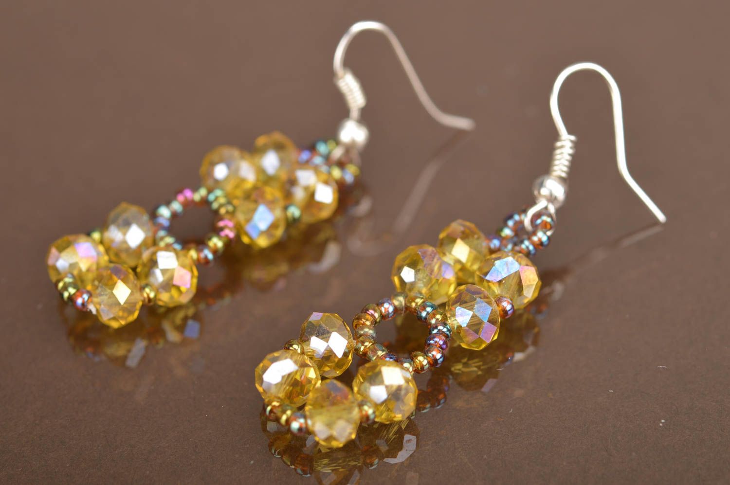 Handmade stylish yellow earrings charms made of Czech crystal and beads photo 2