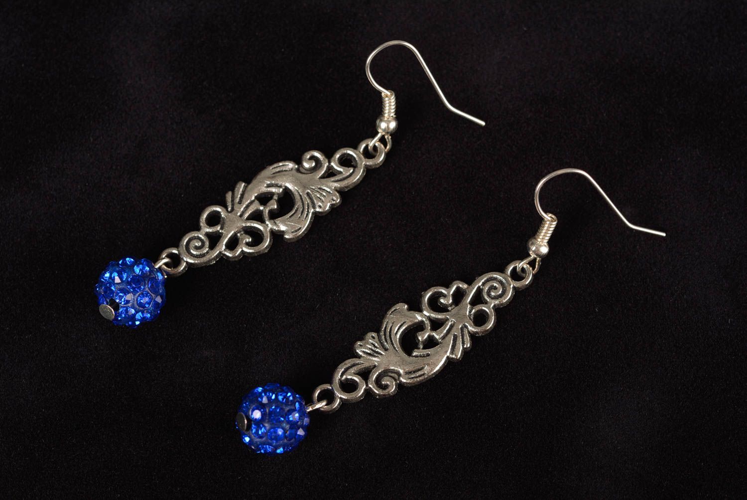 Designer long lacy metal handmade dangle earrings with bright blue rhinestones photo 1