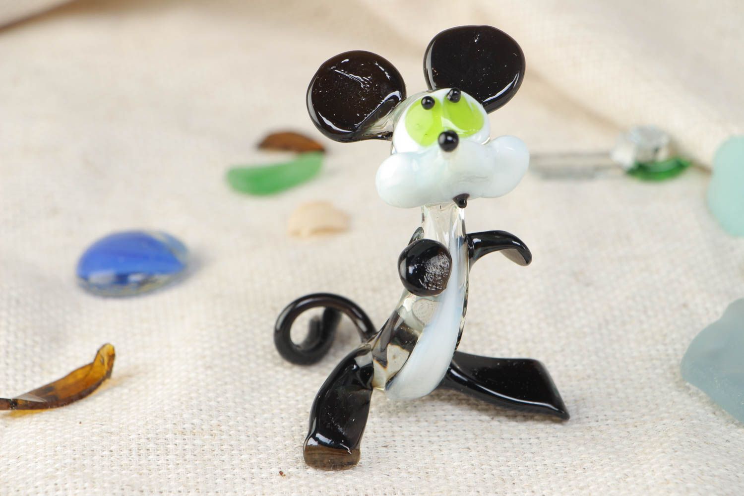 Handmade collectible miniature lampwork glass animal figurine of colorful mouse photo 1