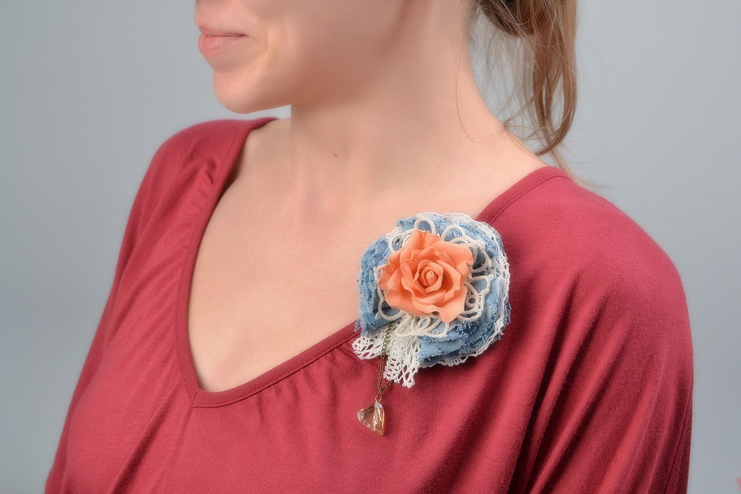 Handmade hair clip brooch with volume coral foamiran and blue cotton fabric flower photo 1