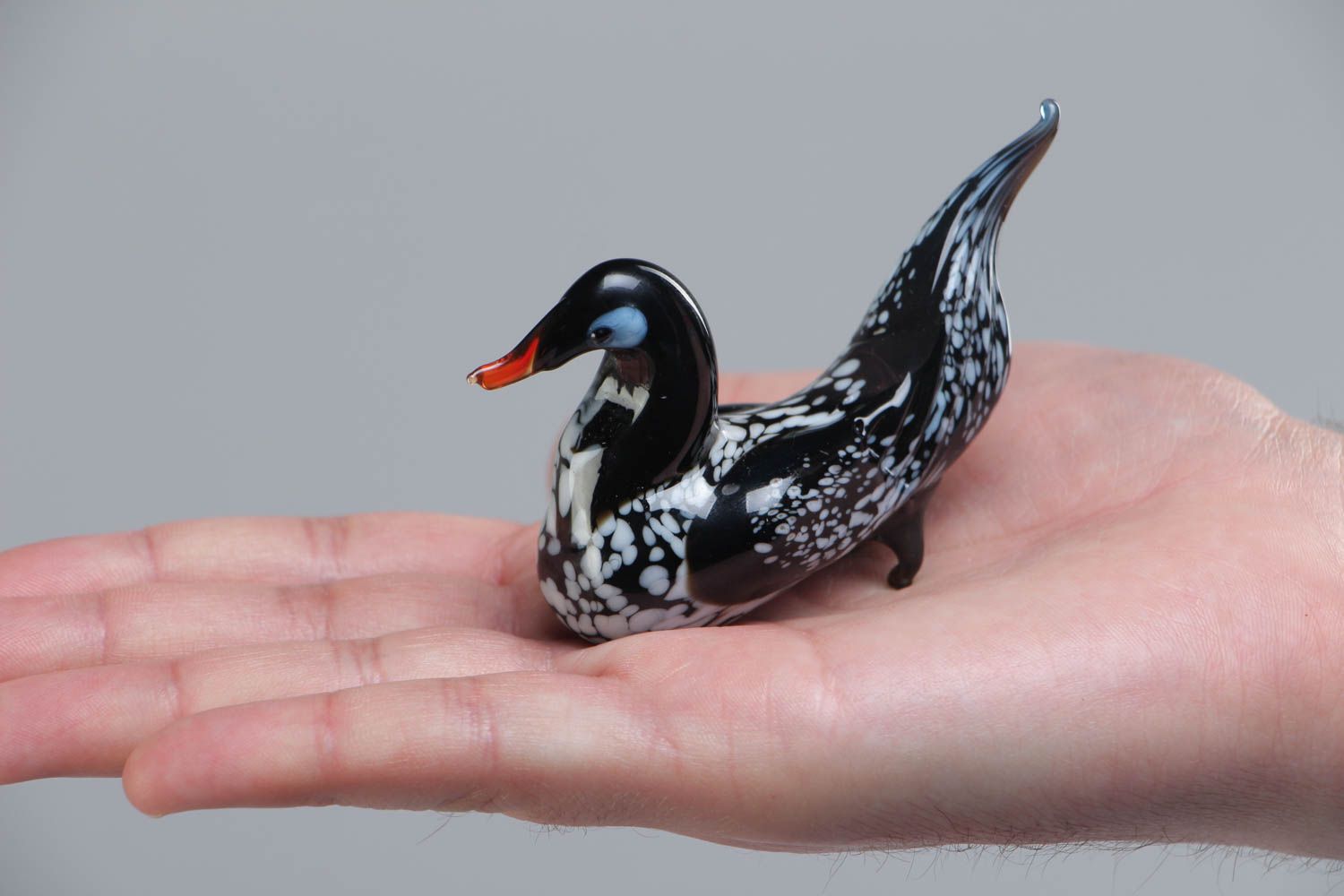 Miniature handmade lampwork glass figurine of black duck photo 5