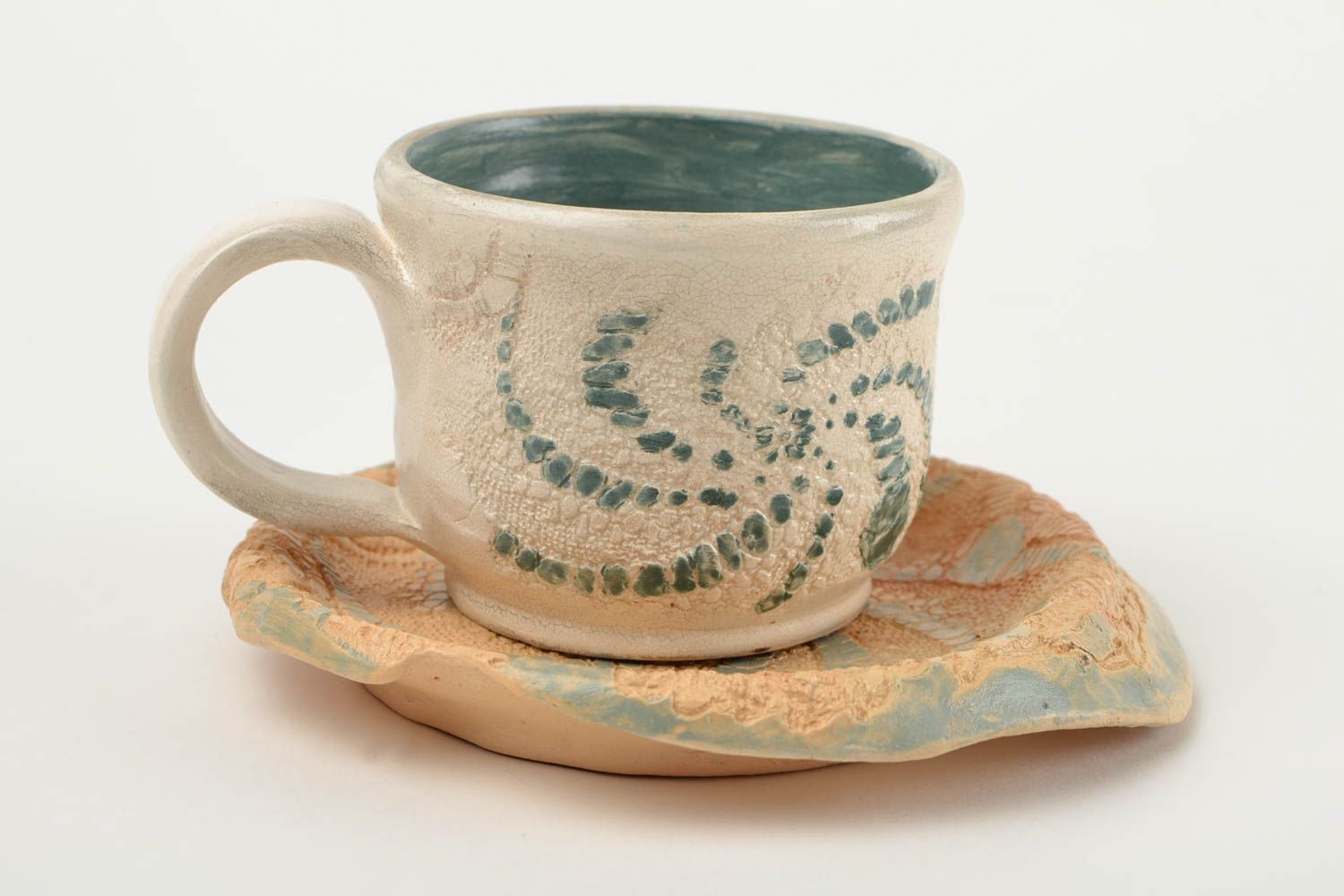 Handmade beige and green drinking 5 oz cup with handle  foto 1