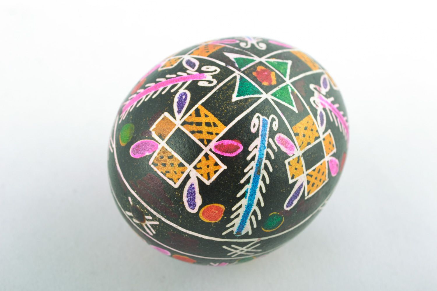 Homemade painted chicken Easter egg with cross pattern on black background  photo 3