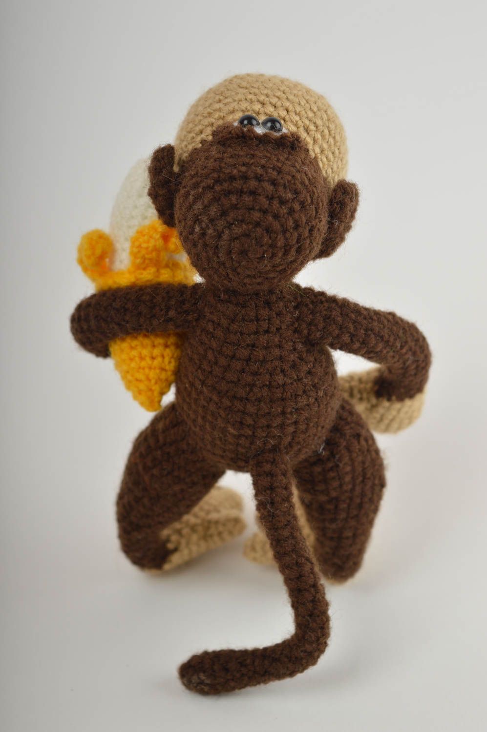 Knitted little 6 inches stuffed monkey in brown, yellow, beige colors photo 3
