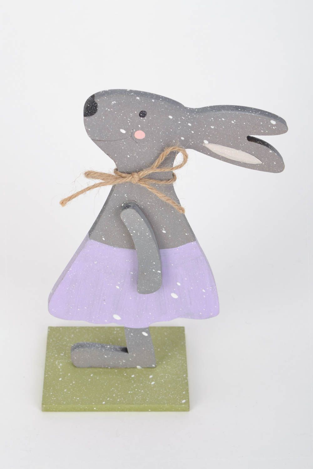 Handmade small plywood toy of gray rabbit in skirt painted with acrylics photo 5