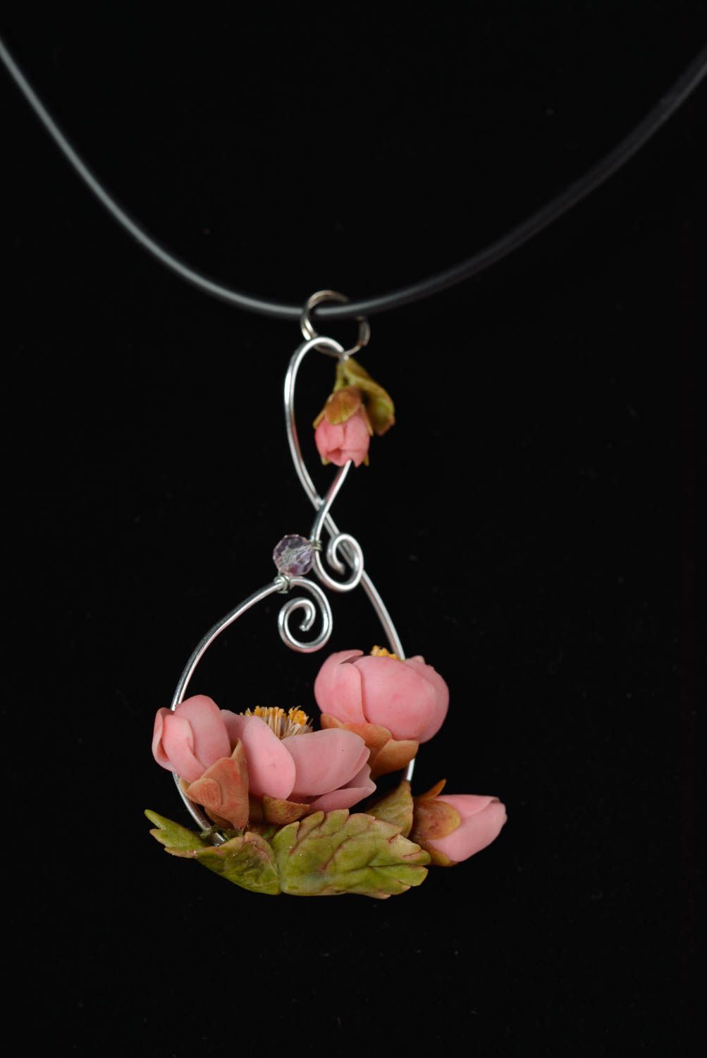 Beautiful handmade plastic jewelry set 2 items earrings and pendant Pink Flowers photo 2
