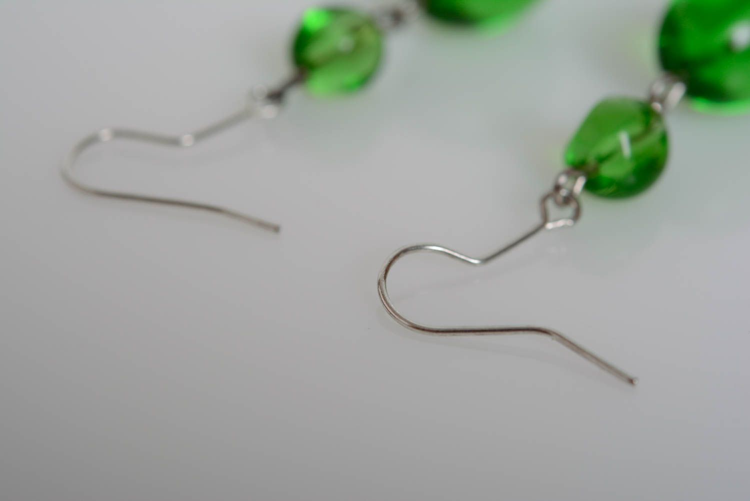Handmade designer earrings made of glass beads long beautiful green jewelry photo 4