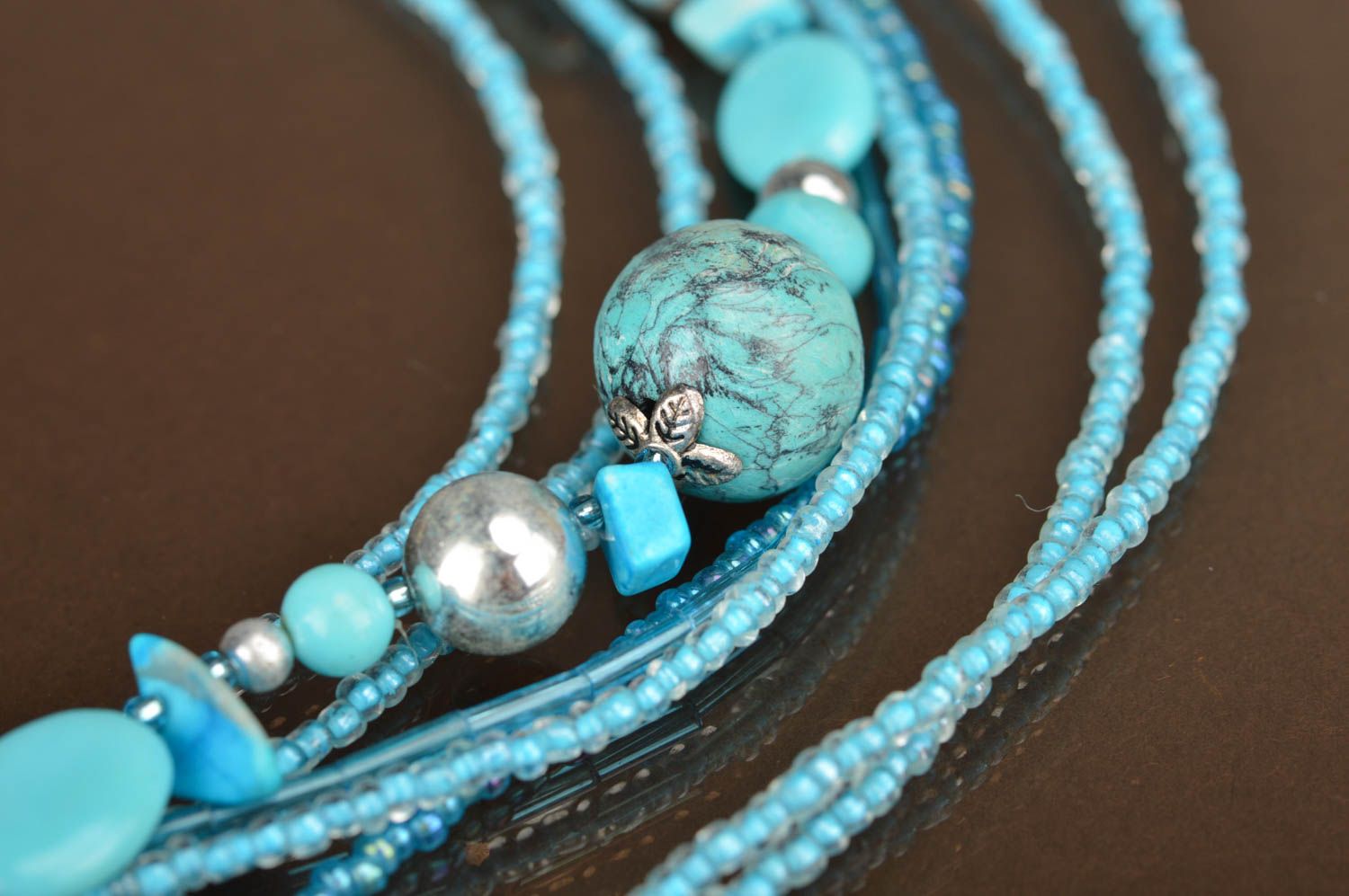 Long elegant multi-row necklace with blue beads handmade summer accessory photo 3