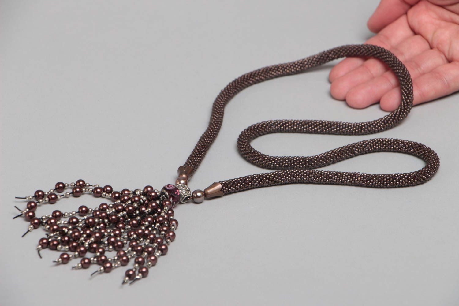 Handmade dark long bead woven cord necklace with beaded pendant photo 5