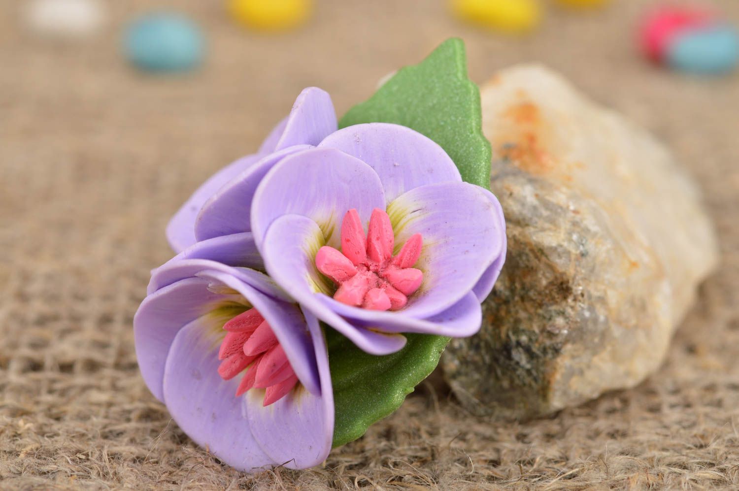 Unusual beautiful handmade designer lilac polymer clay flower brooch photo 1
