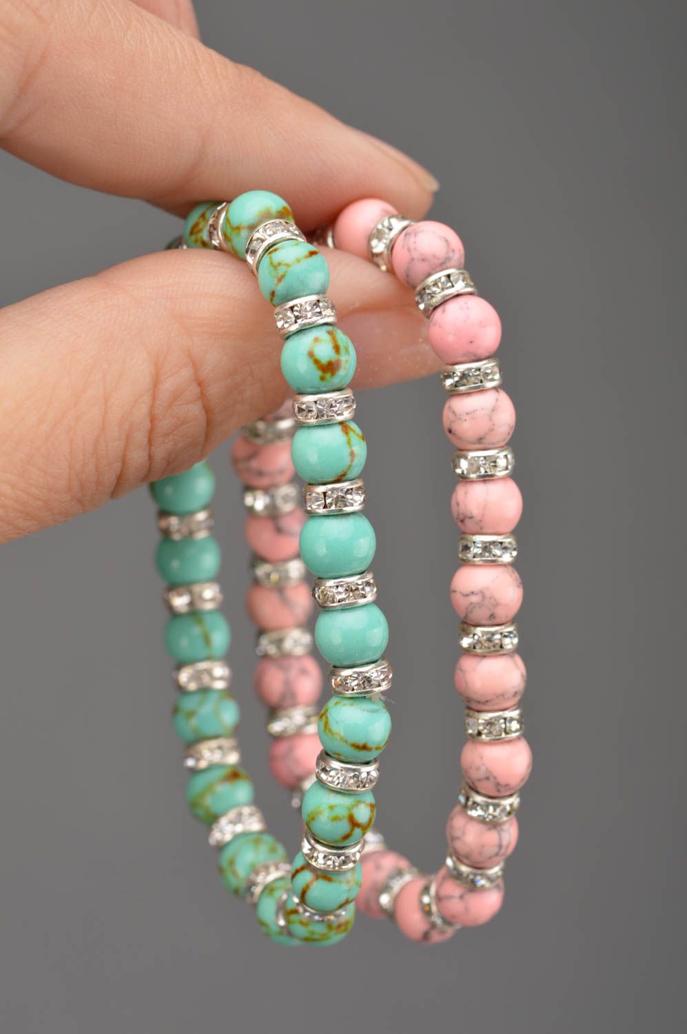 Handmade set of cute bracelets with beads pink and green 2 accessories photo 2