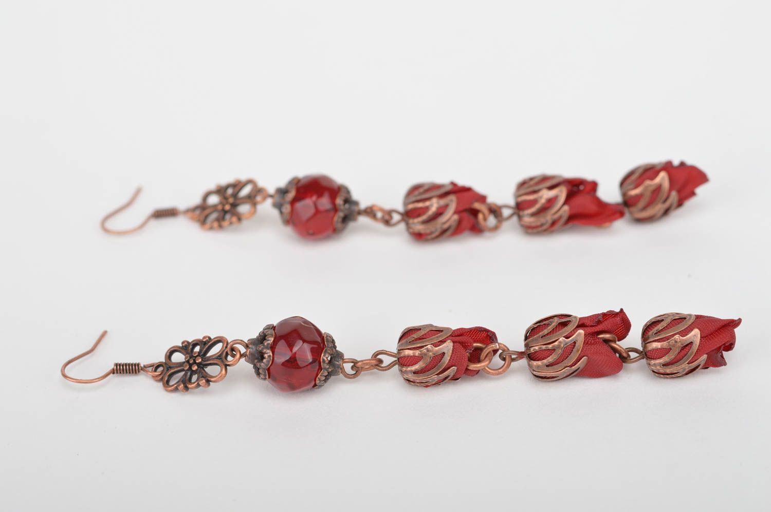 Handmade beautiful long earrings stylish flower accessory textile earrings photo 5