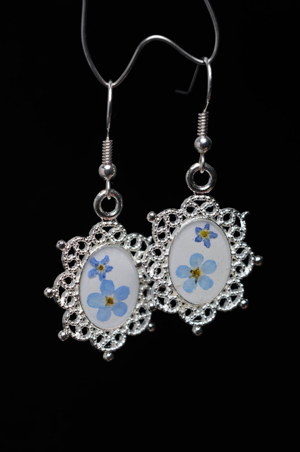 Epoxy resin earrings with forget-me-not flowers photo 2
