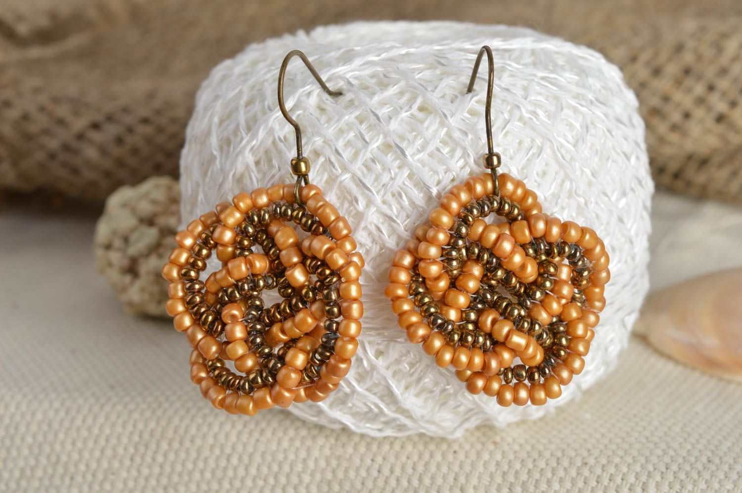 Handmade designer bead woven dangle earrings of sand color palette photo 1