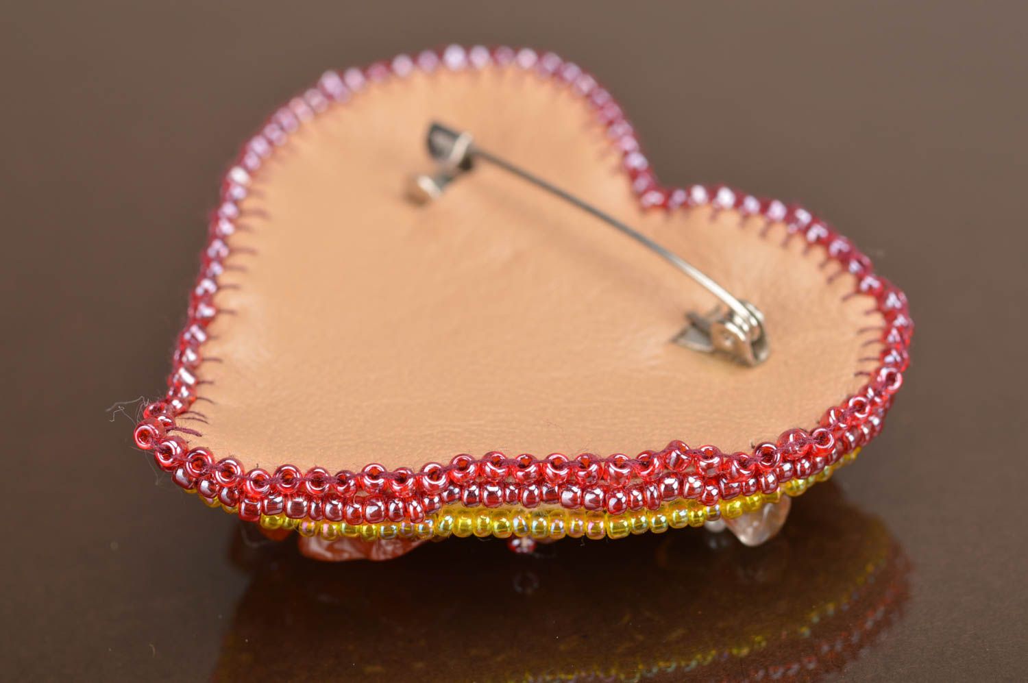 Gorgeous bright designer handmade beaded brooch created in form of heart photo 5