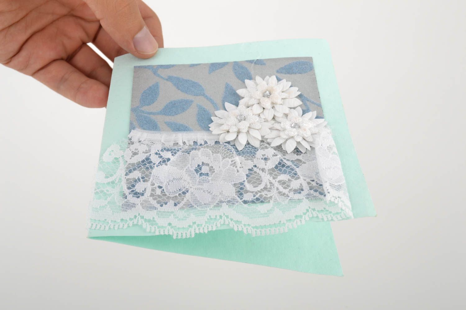 Carte de voeux faite main bleu clair avec fleurs Petit cadeau original photo 5