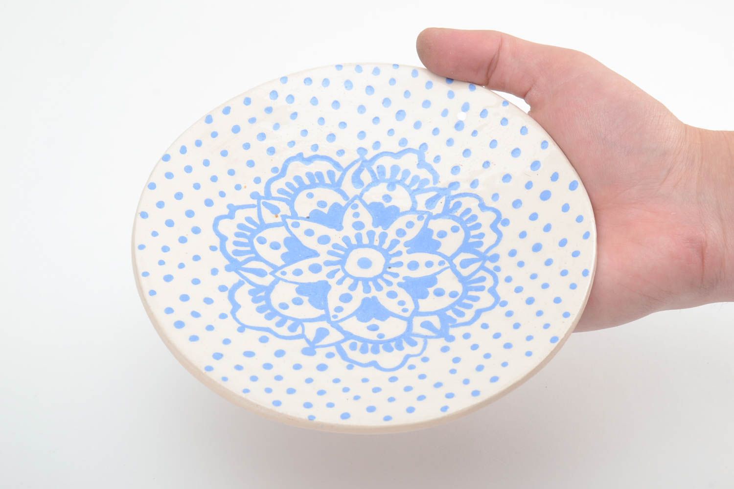 Handmade decorative small glazed white ceramic saucer with blue ornaments photo 5