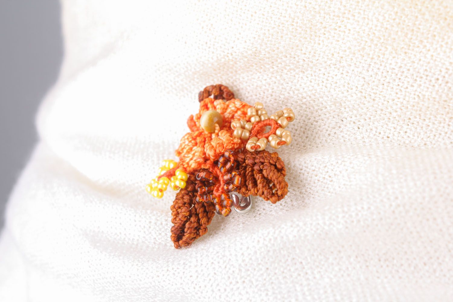 Handmade macrame brooch in brown colors photo 1