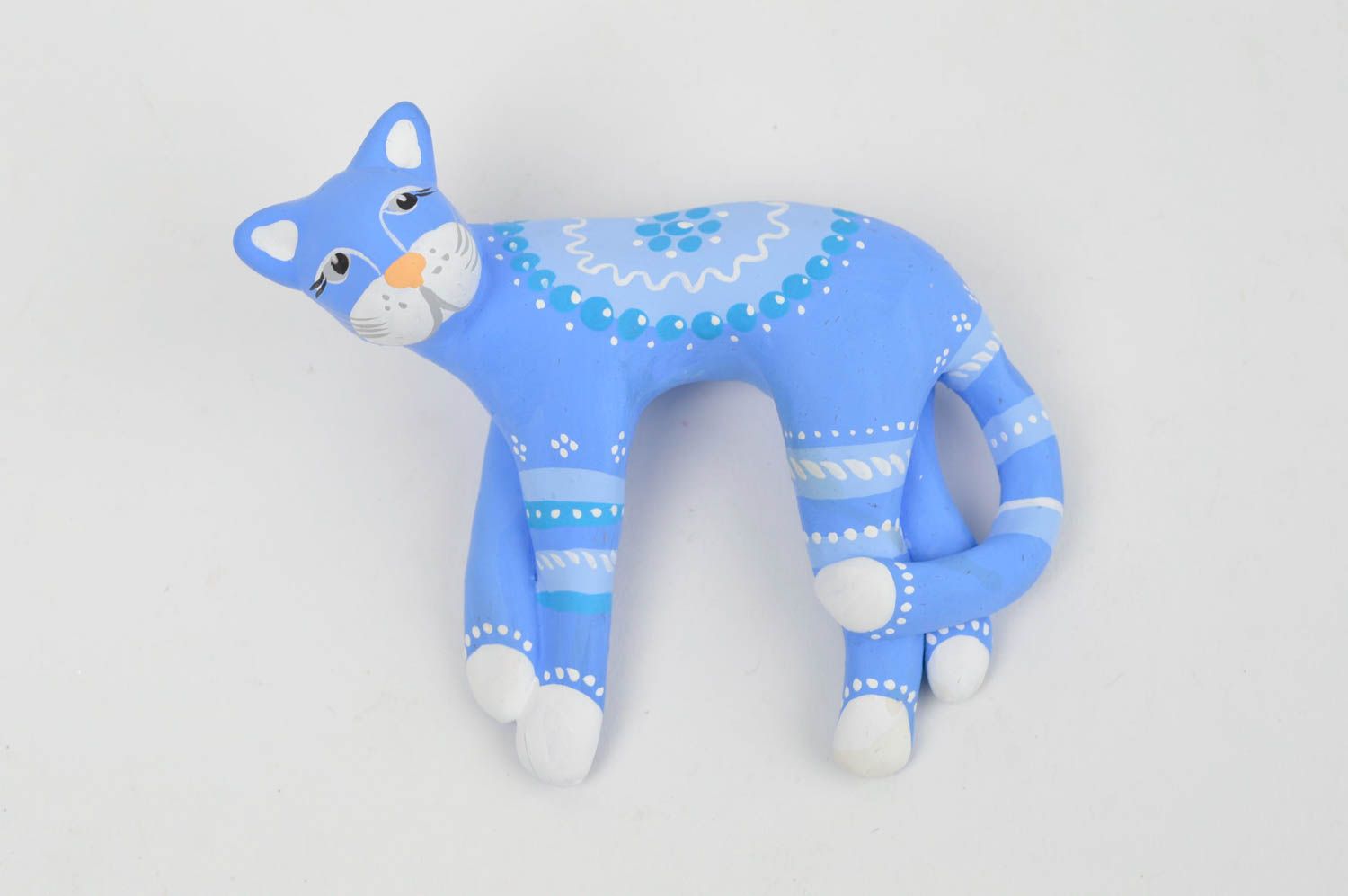 Figurine chat bleu à motif en céramique peinte faite main décorative petite photo 2
