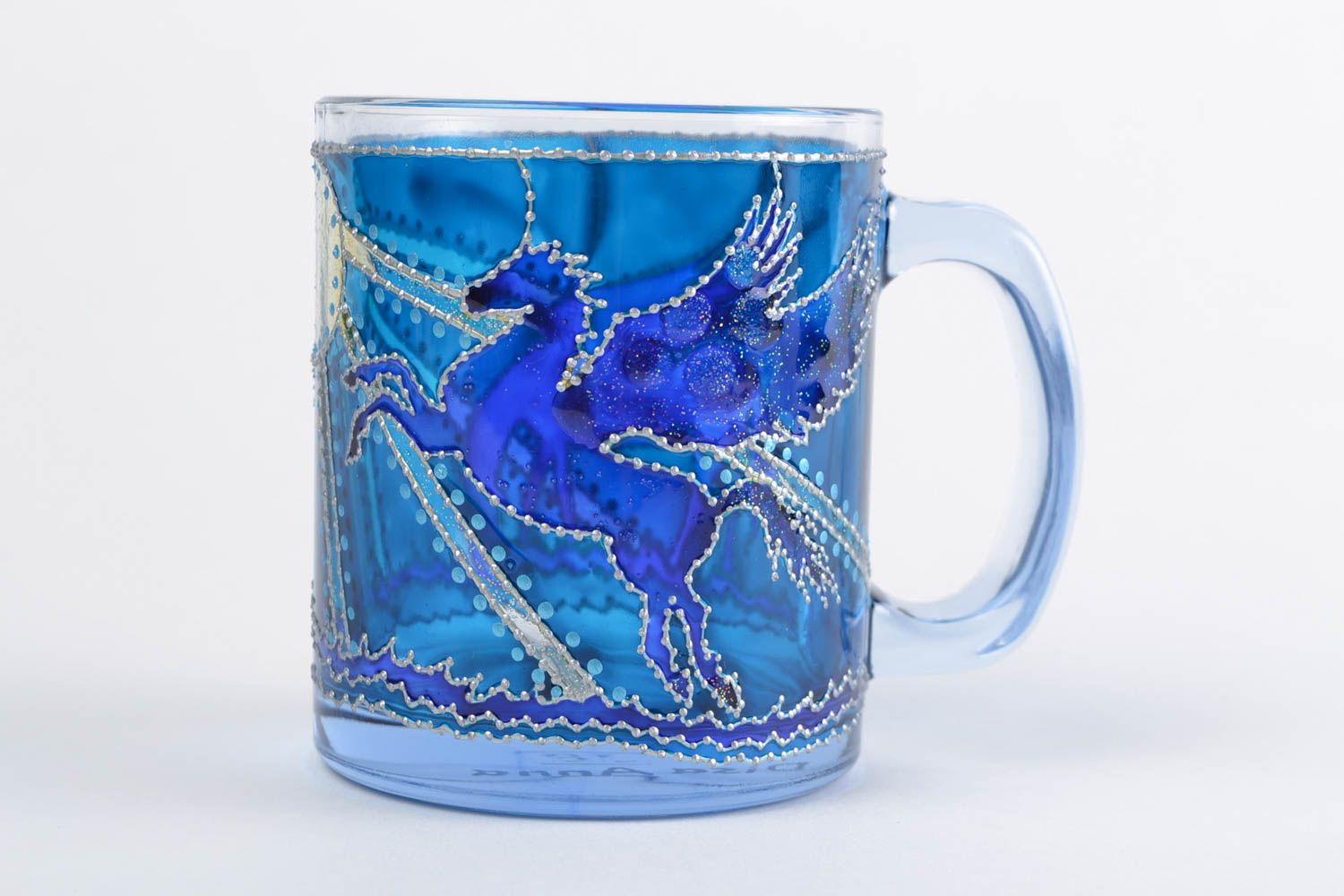 Ice blue clear glass coffee mug with handle and hand-painted pattern photo 4