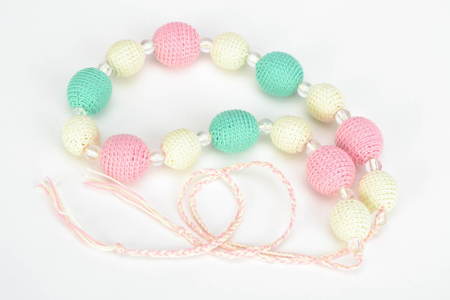 Gentle unusual handmade colorful crochet ball necklace with ties photo 4