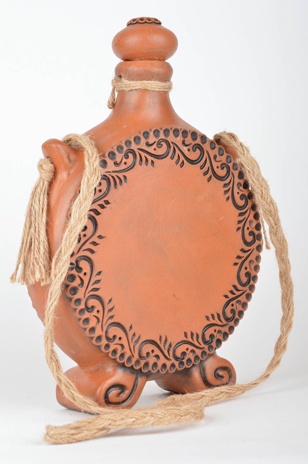 Handmade unusual ceramic painted decanter flat bottle with glaze Stork photo 5