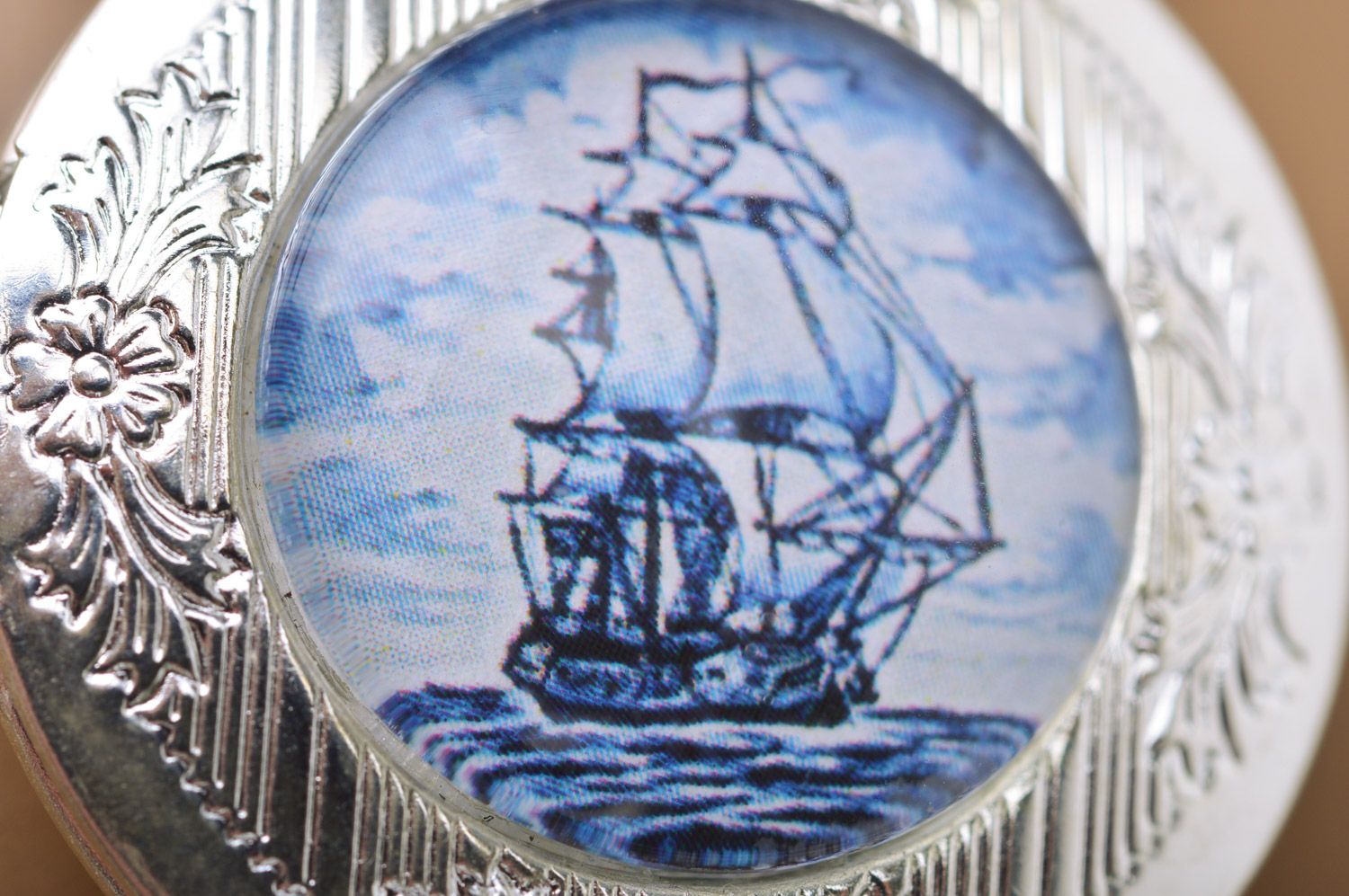 Handmade metal locket with ship print for girl in marine style photo 4