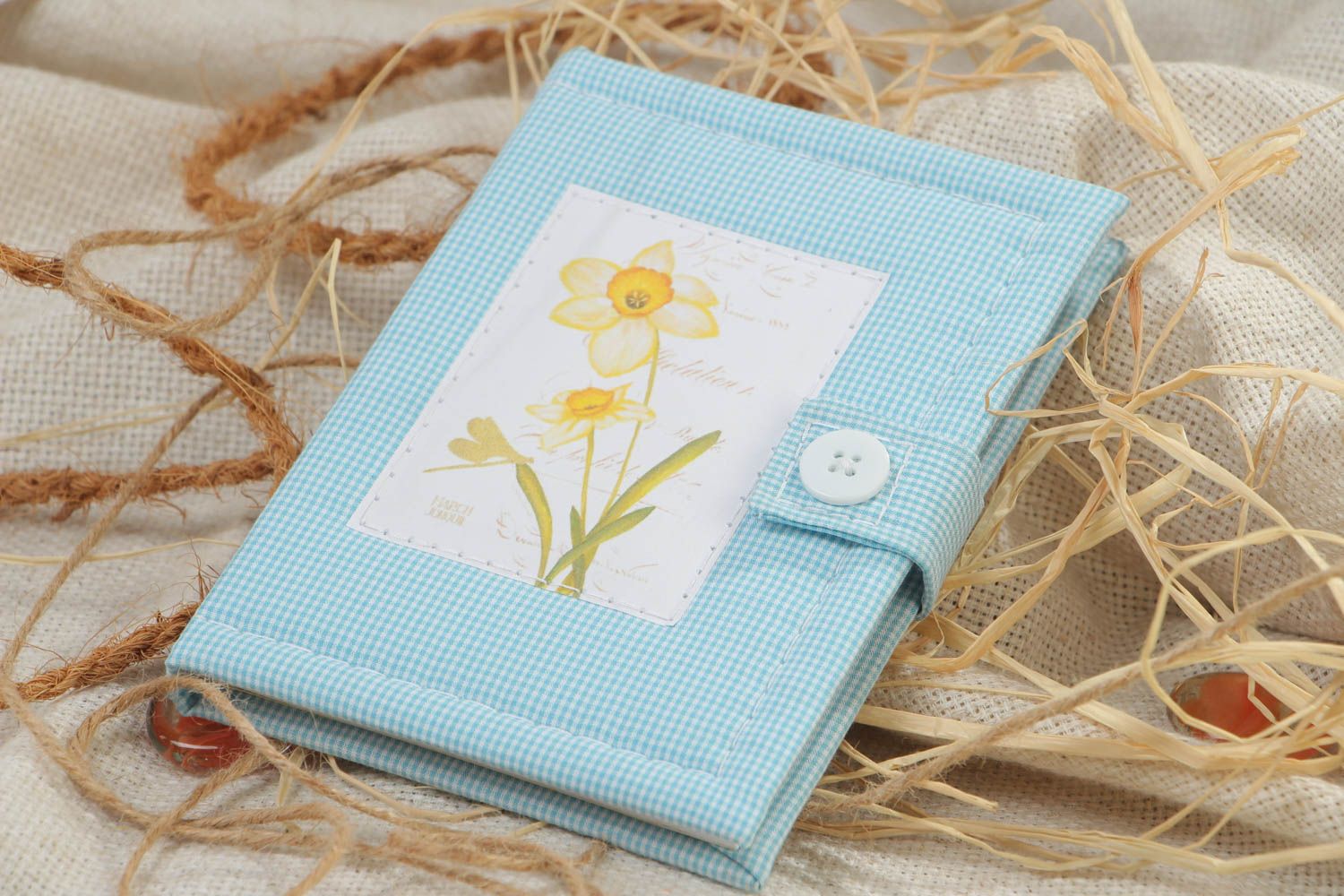 Blue handmade designer notebook with soft fabric cover Narcissus photo 1
