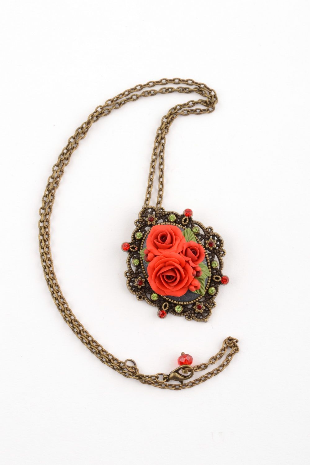 Handmade cute festive flower pendant made of polymer clay on long chain  photo 4