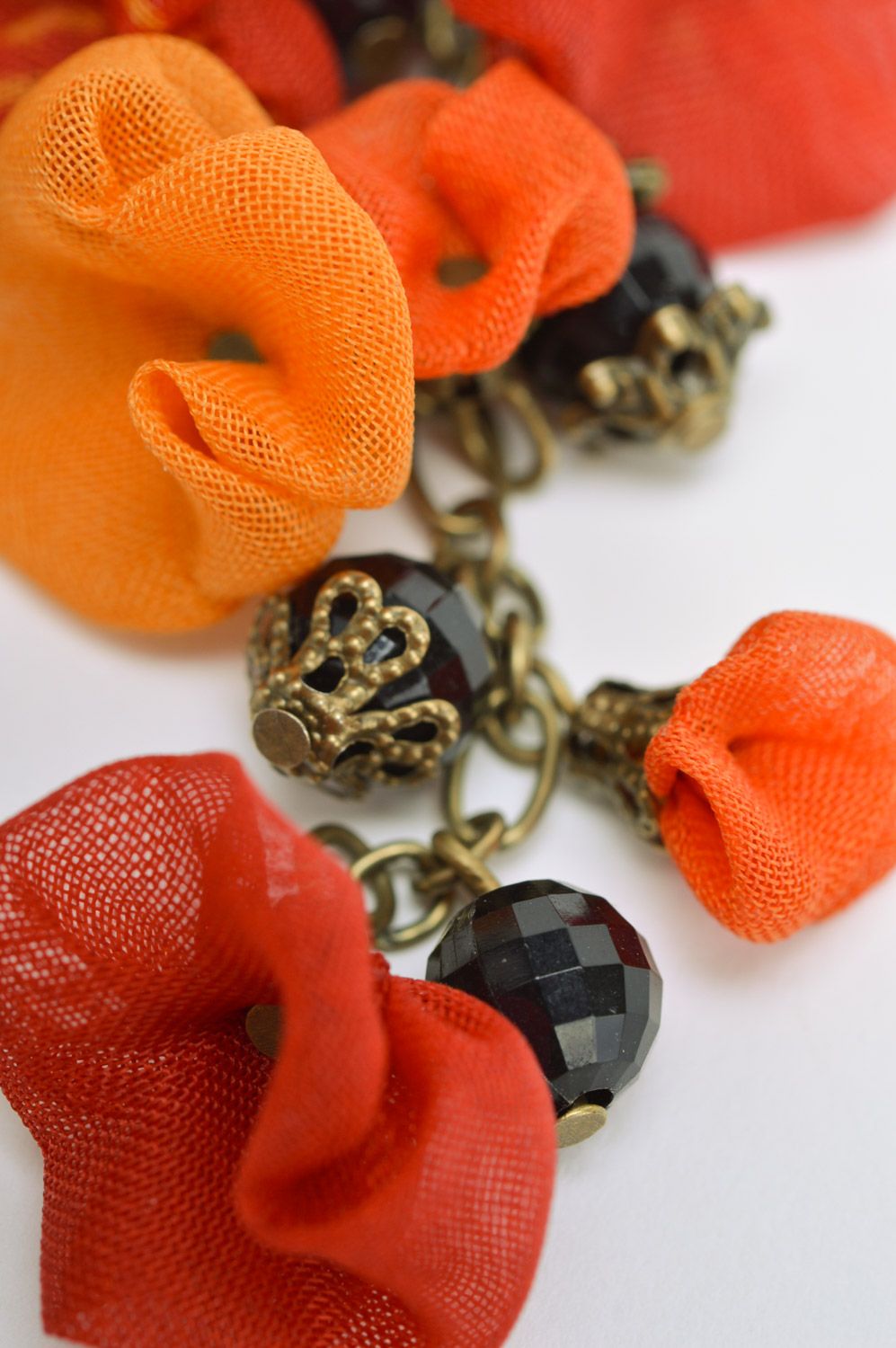 Handmade long fabric flower earrings of red and orange colors with beads photo 4