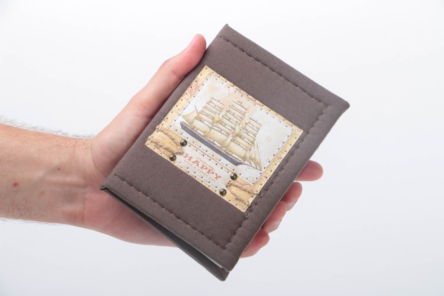 Блокнот с тканевой обложкой коричневый с изображением корабля красивый хэнд мейд фото 5